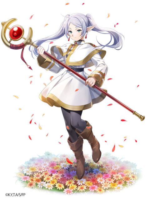 魔法の杖を持つ白い衣装の美少女キャラ、花畑に立つ