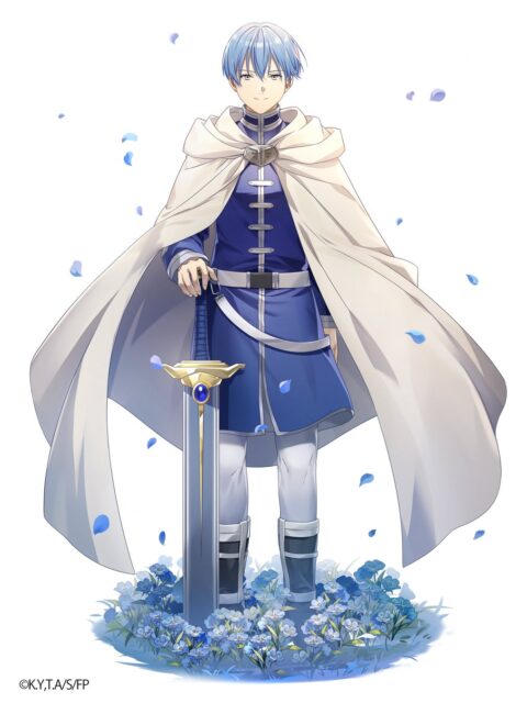 青い髪の少年が剣を持ち、青い花畑に立つアニメ風イラスト。