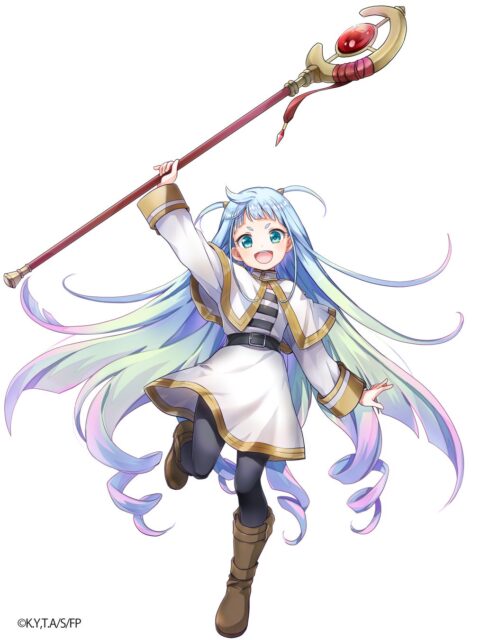 杖を持つ青髪の少女のイラスト。ファンタジー世界観。
