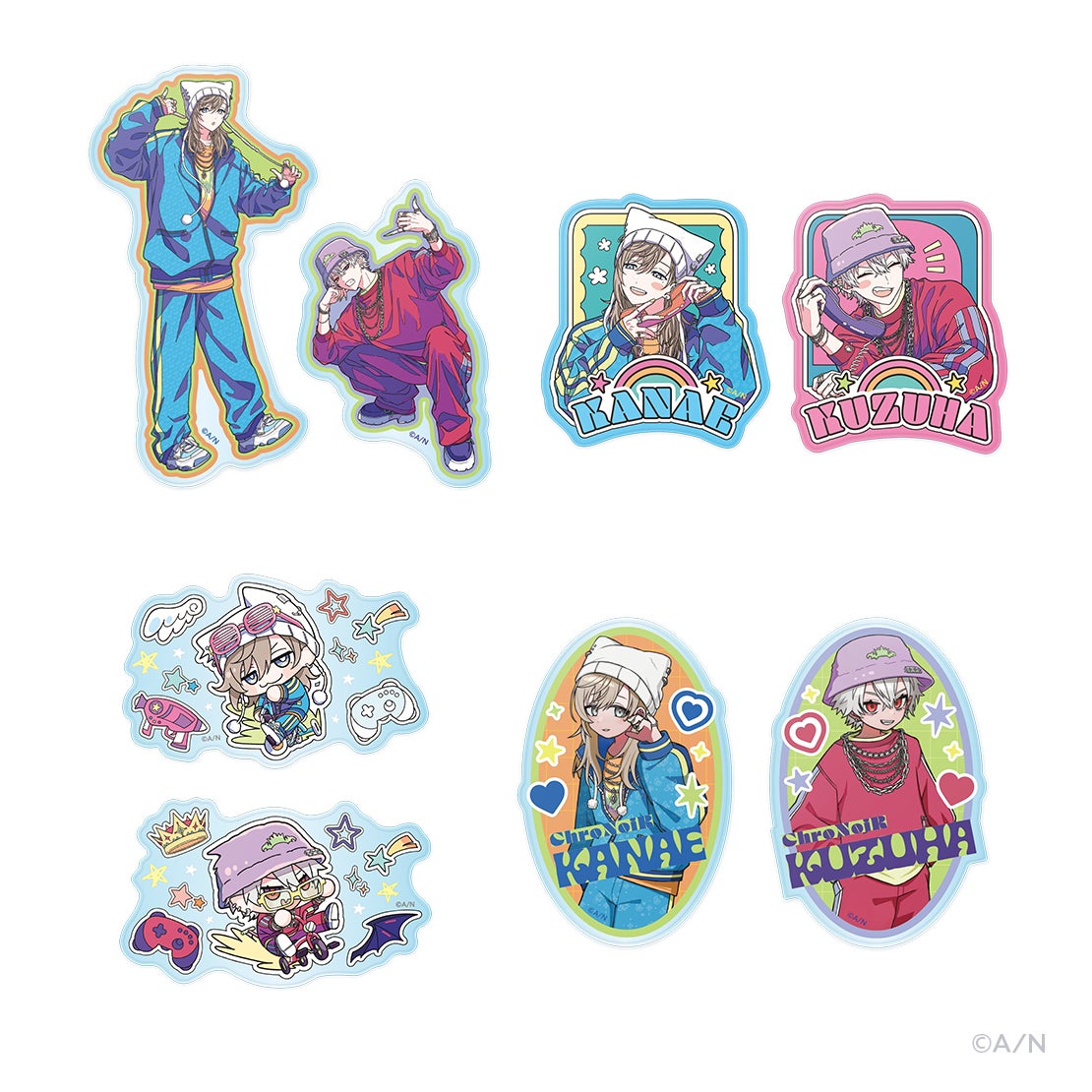 アニメ風のキャラクターイラストのステッカーセット。クールな衣装。