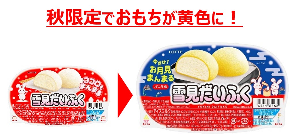 通常の雪見だいふくと「雪見だいふく 秋限定お月見仕立て」を比較した画像。おもちの色が白から黄色に変化する様子を示す。