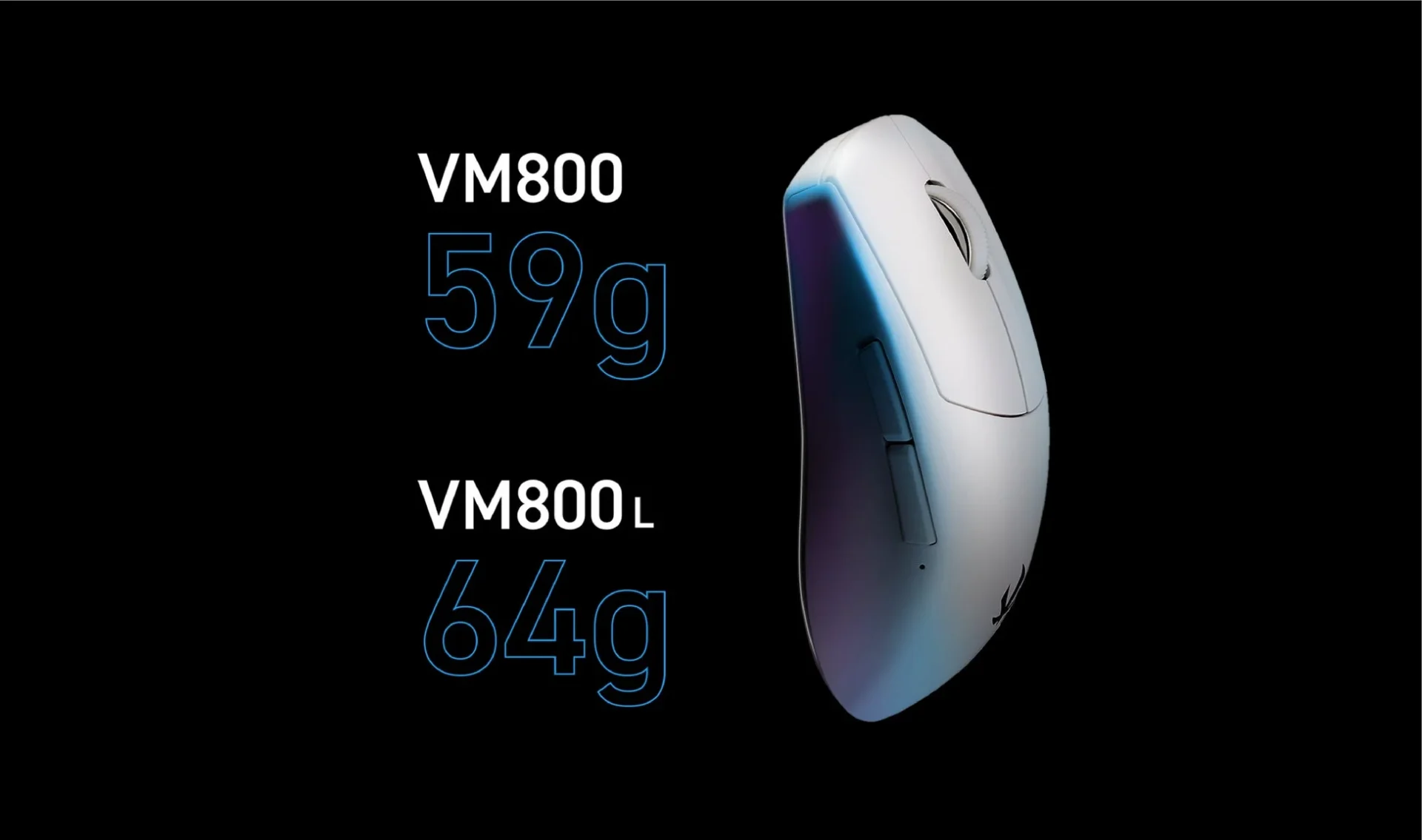 VM800シリーズの軽量設計、59gと64gの重さを強調する画像