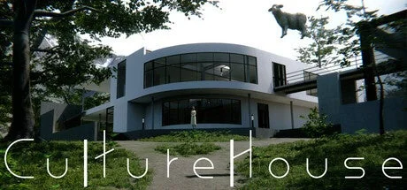 『CultureHouse』のモダンな建物と上空の羊