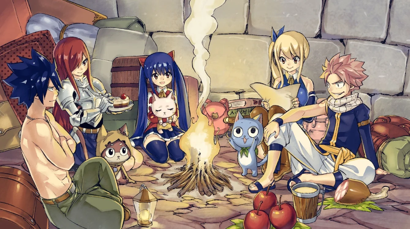 『FAIRY TAIL ダンジョンズ』のキャラクター集合イラスト、焚き火を囲んで