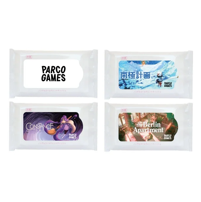 PARCO GAMESと各タイトルのロゴ入りオリジナルウェットティッシュ