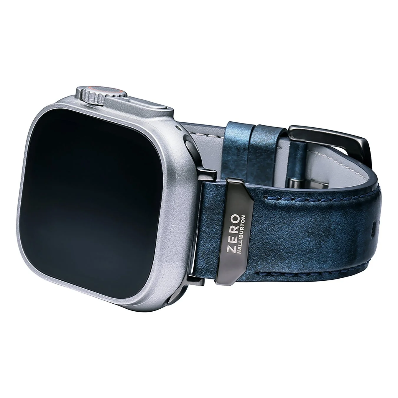 スティールブルーのレザーApple Watchバンドを装着したスマートウォッチ
