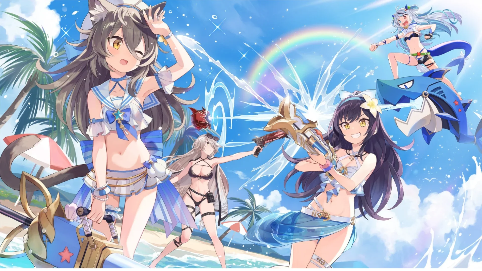 『アビスディア』の夏イベントイラスト。水着姿のキャラクターたちが夏のビーチで楽しんでいる様子。