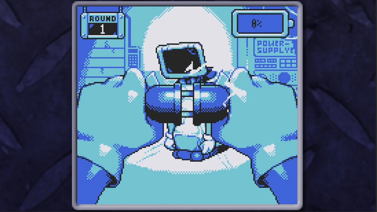 ゲーム画面。プレイヤー視点でロボットに充電プラグを差し込もうとしている様子。