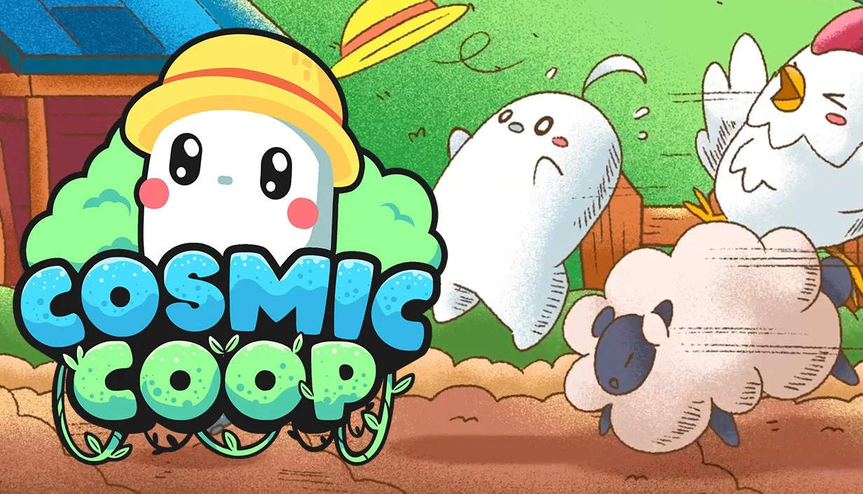 インディーゲーム『Cosmic Coop』のロゴとキュートな生き物たち