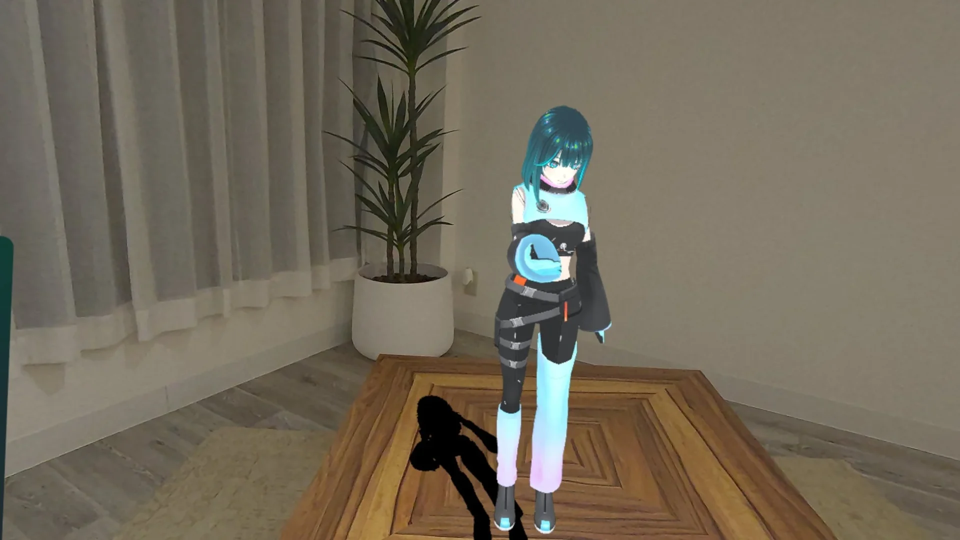 テーブル上に小さく表示されたVTuberキャラクター