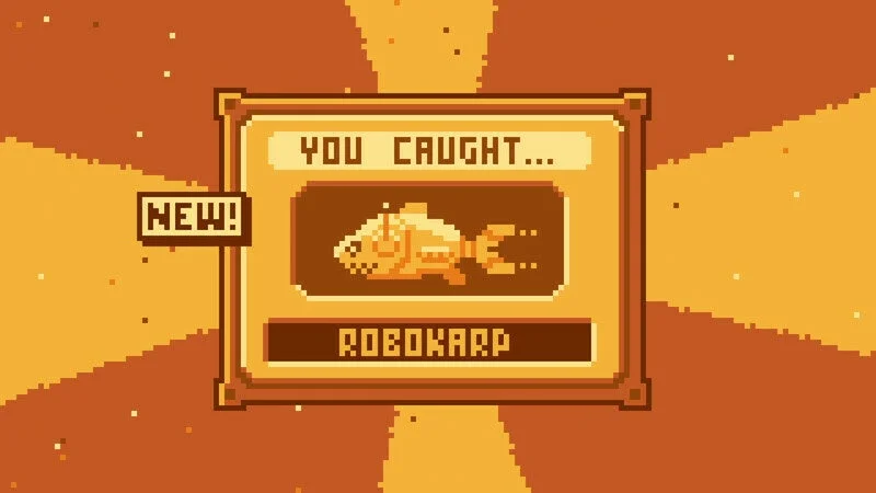 「ROBOKARP」を釣ったことを示すゲーム画面のピクセルアート
