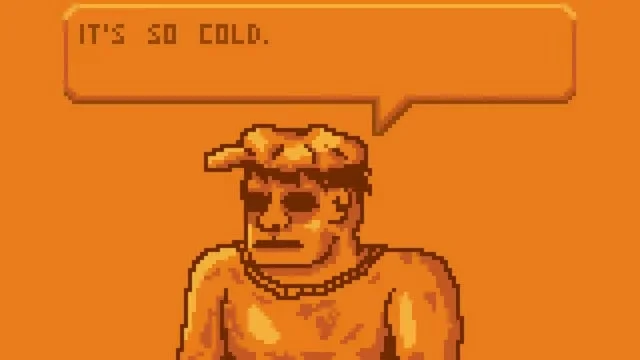 不気味な表情の男性キャラクター「IT'S SO COLD.」のセリフ