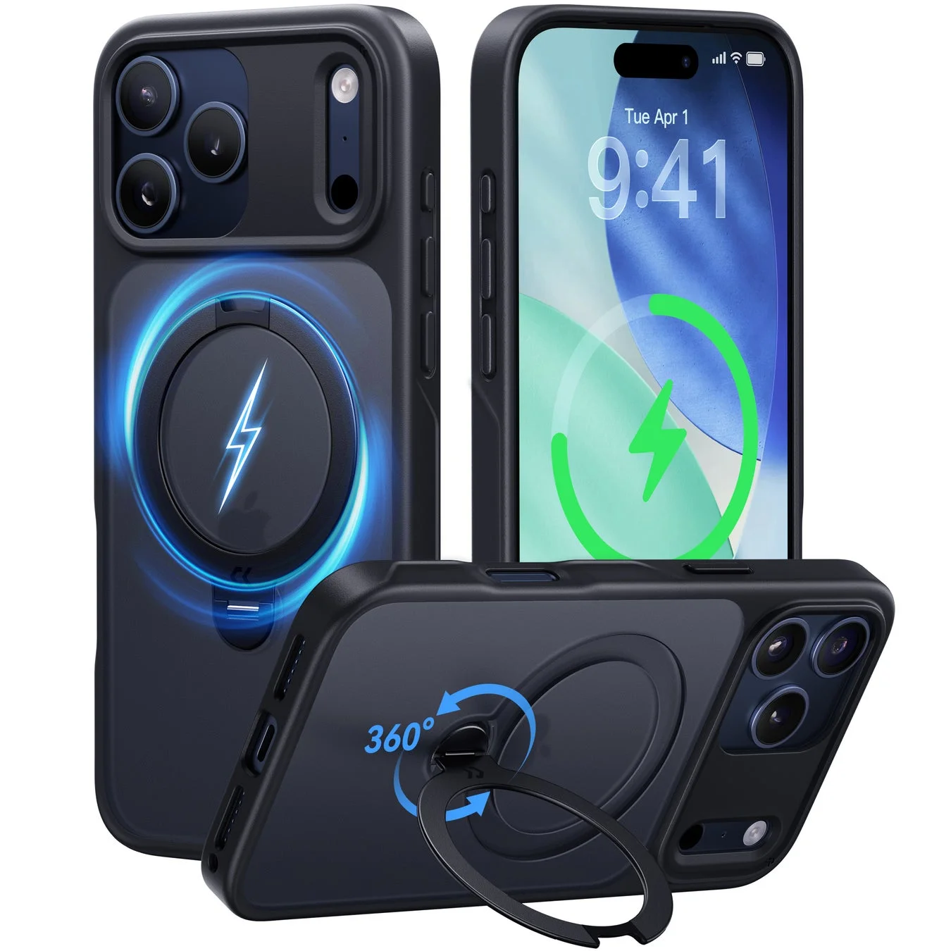 CASEKOO ShirudoブラックケースのMagSafe充電と360度回転スタンド