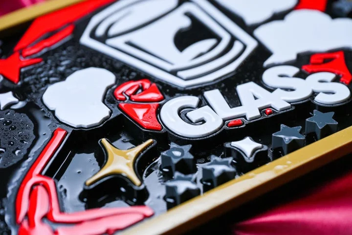 カウンターマットの「GLASS」ロゴと星の装飾