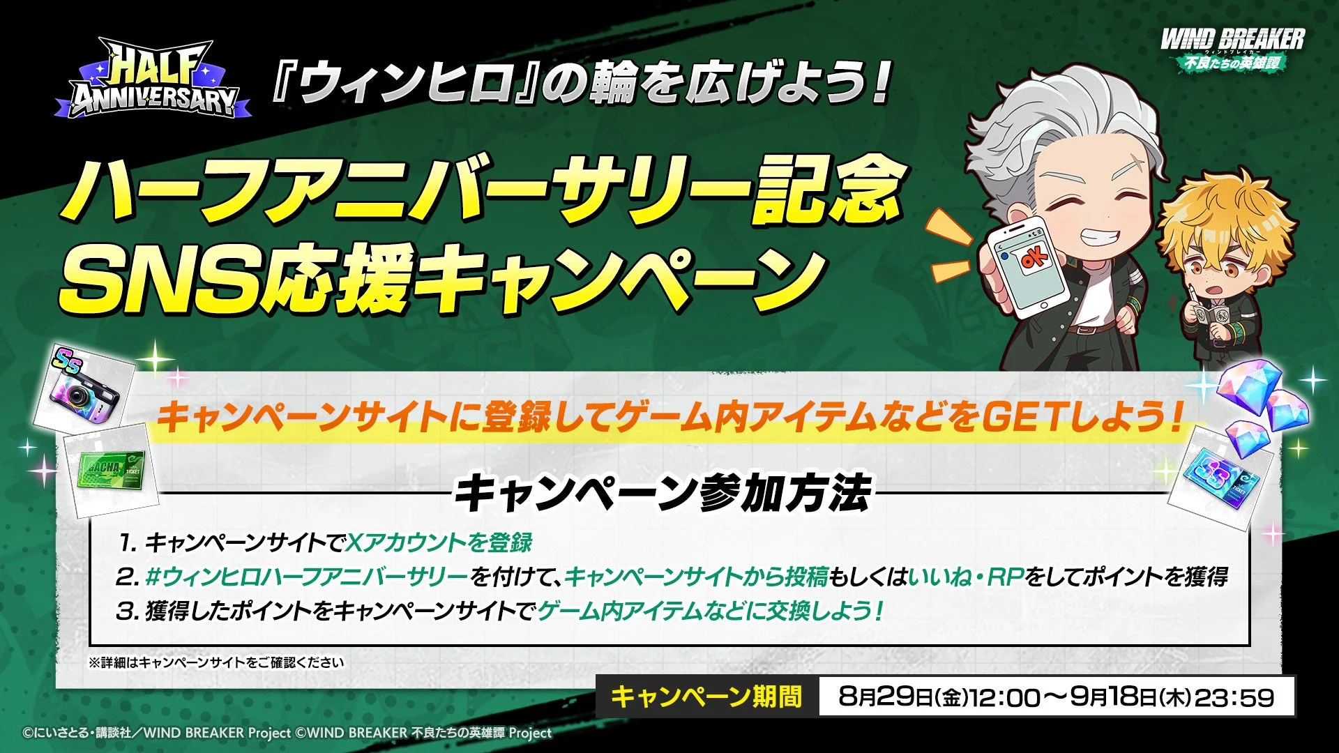 ハーフアニバーサリー記念SNS応援キャンペーンの告知画像。