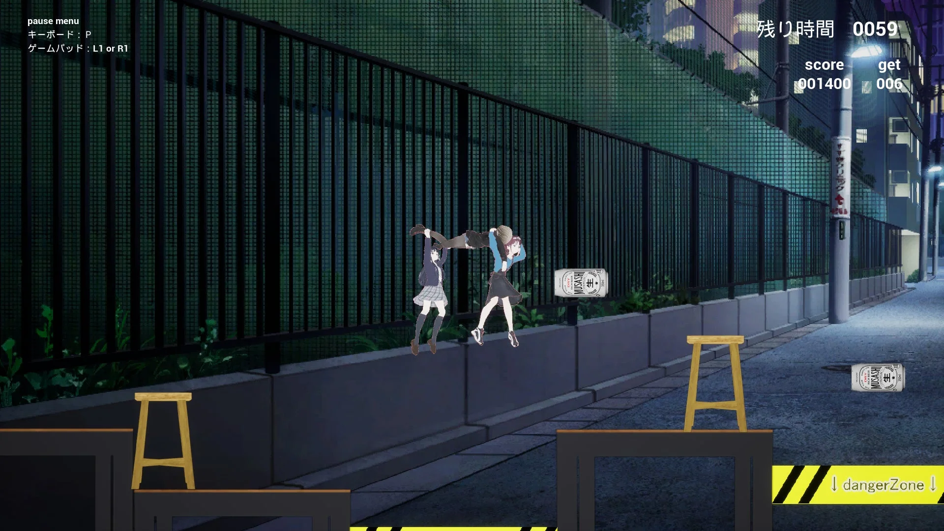 『桃香(を)ワッショイ』のゲームプレイ画面。2Dラン&ジャンプ。