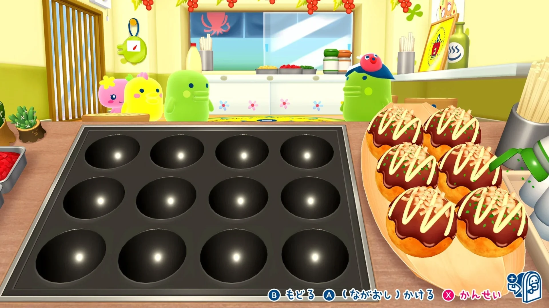 「たこやきやさん」で完成したたこ焼きを盛り付けるゲームプレイ画面