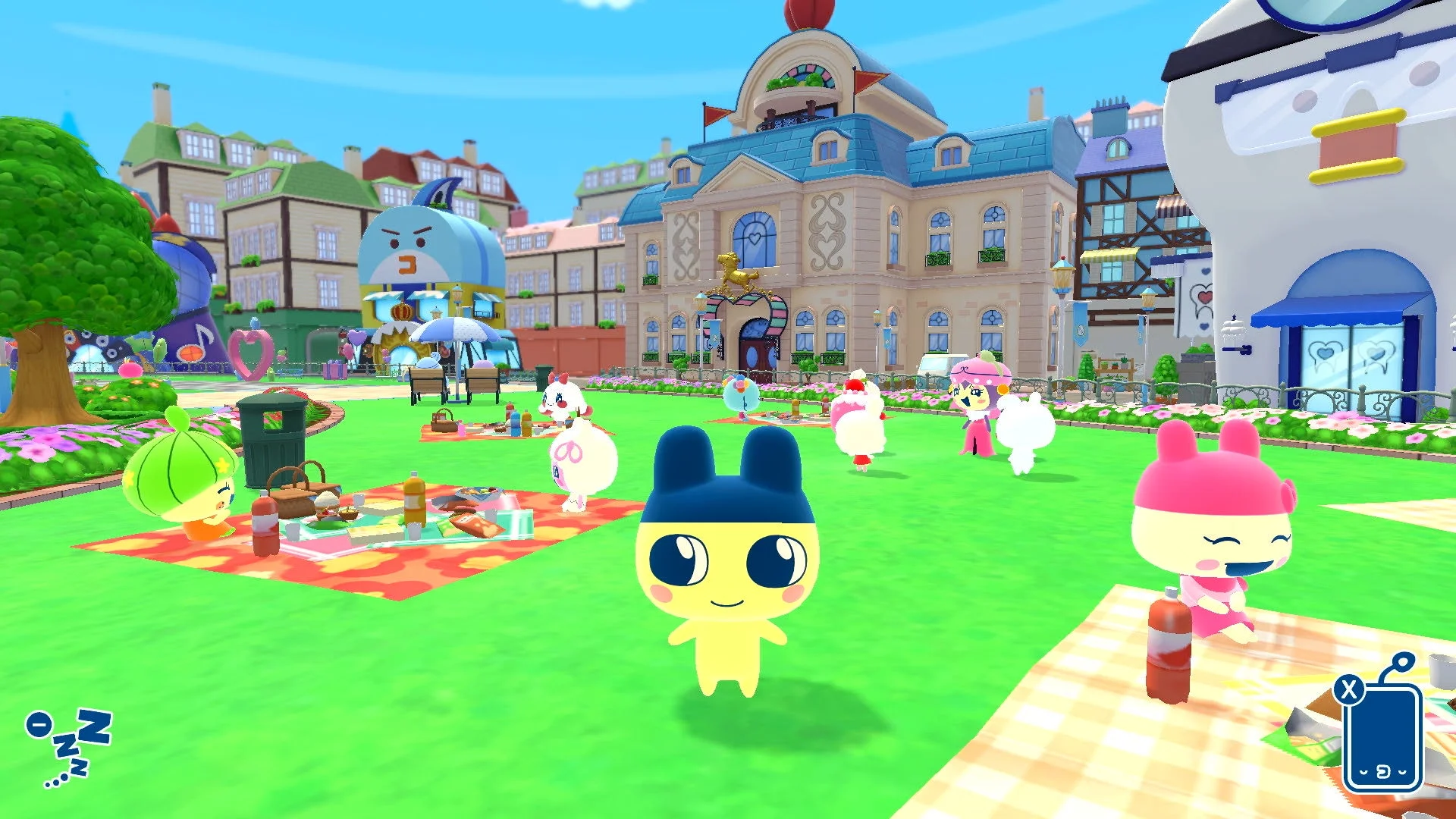 たまごっちたちが街でピクニックを楽しむゲーム画面