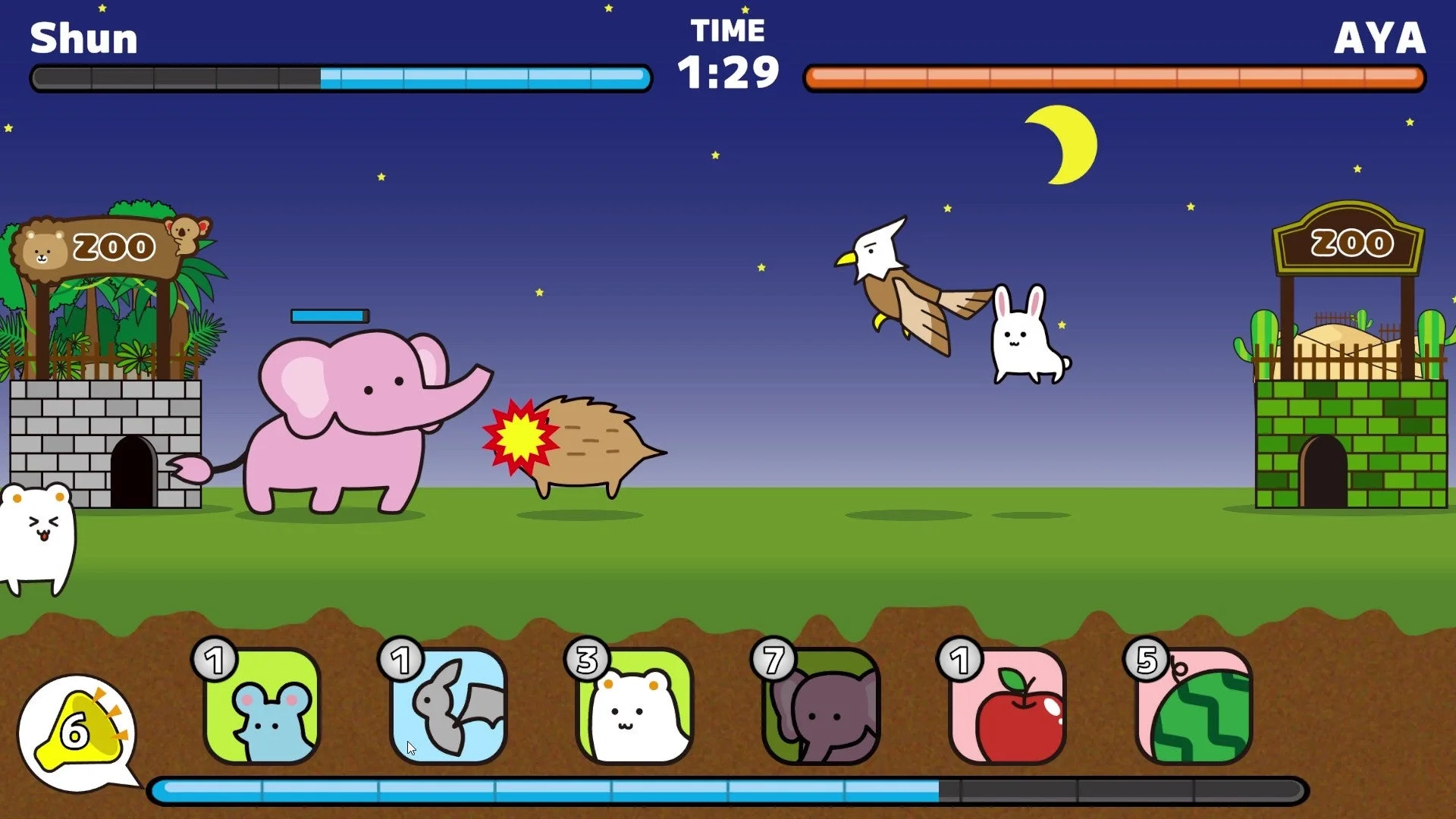 『動物園ウォーズ』のゲーム対戦画面。ゾウとハリネズミが攻撃する様子。