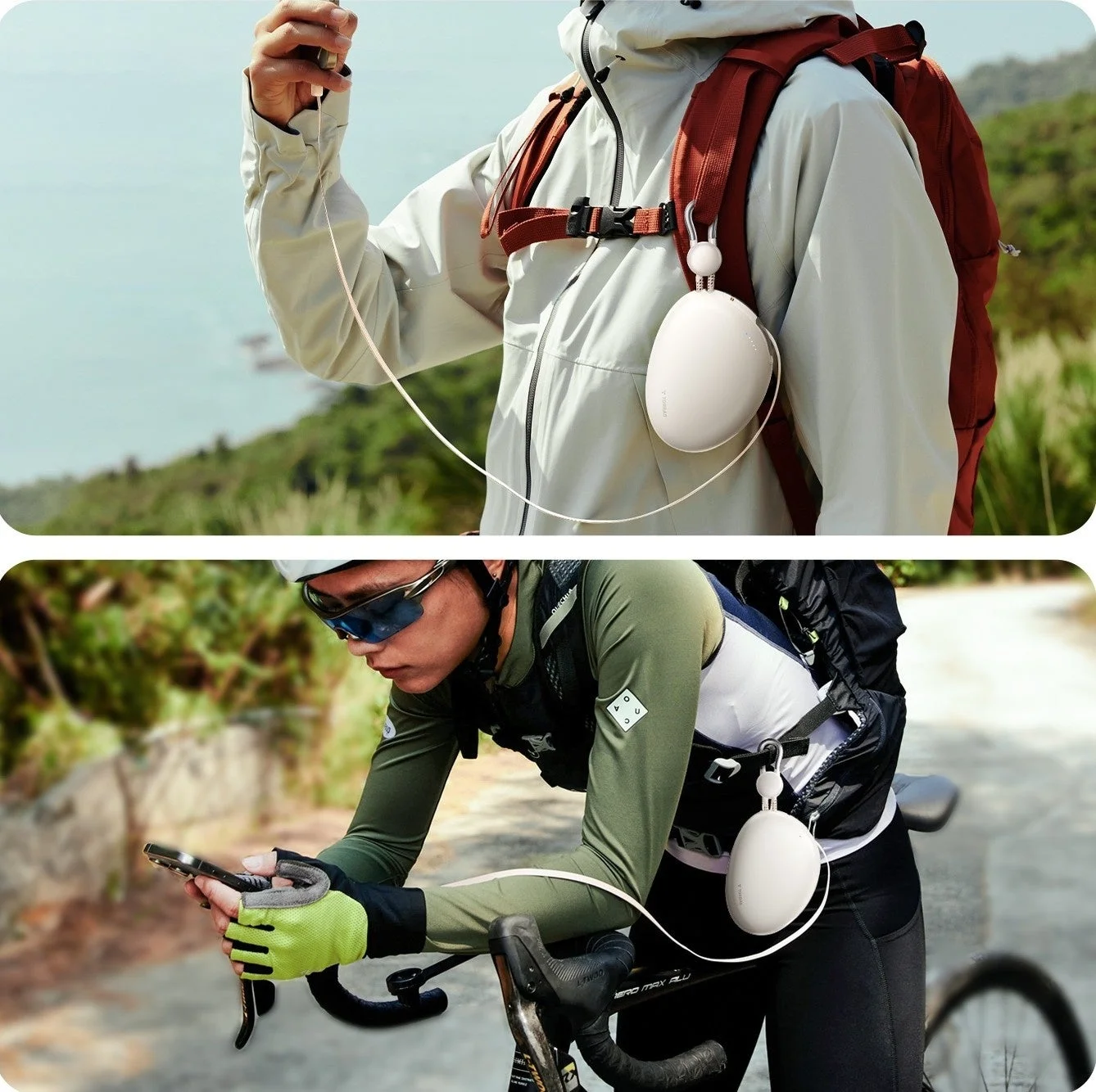 FlexLine Pebbleをリュックや自転車に装着し、充電しながらアウトドア活動する様子
