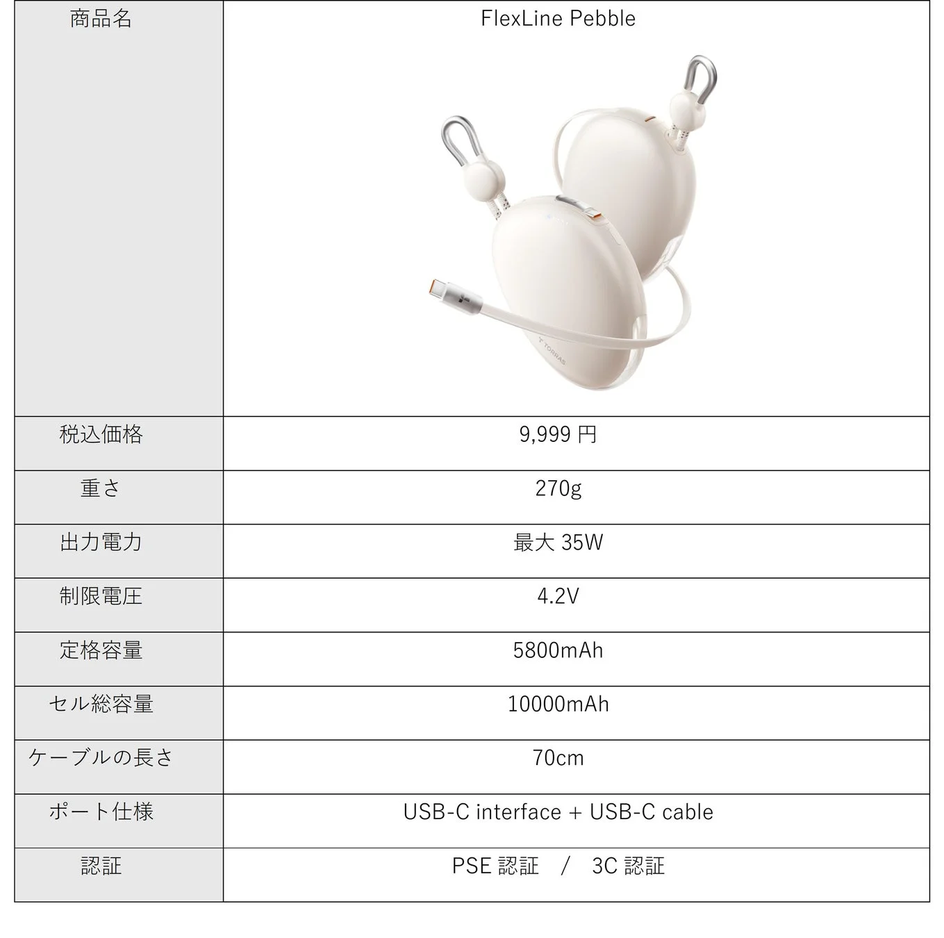 TORRAS FlexLine Pebbleの製品仕様一覧表。価格、容量、出力など詳細。