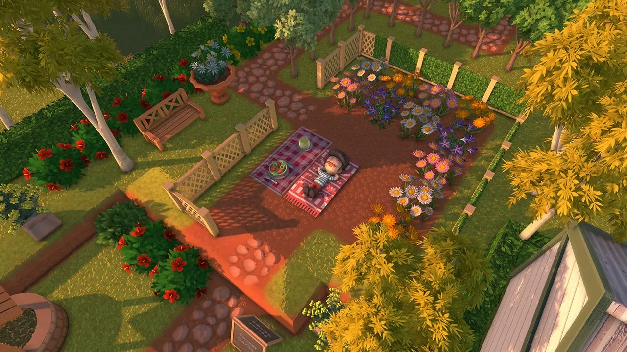 『Dinkum』ゲームプレイ画面、プレイヤーが作った庭園やピクニックエリア