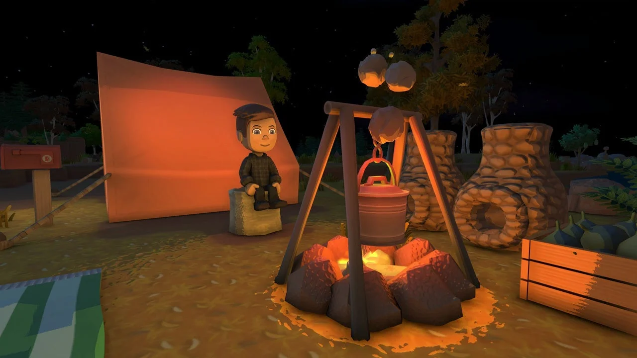 『Dinkum』ゲームプレイ画面、夜に焚き火を囲んでキャンプをするキャラクター