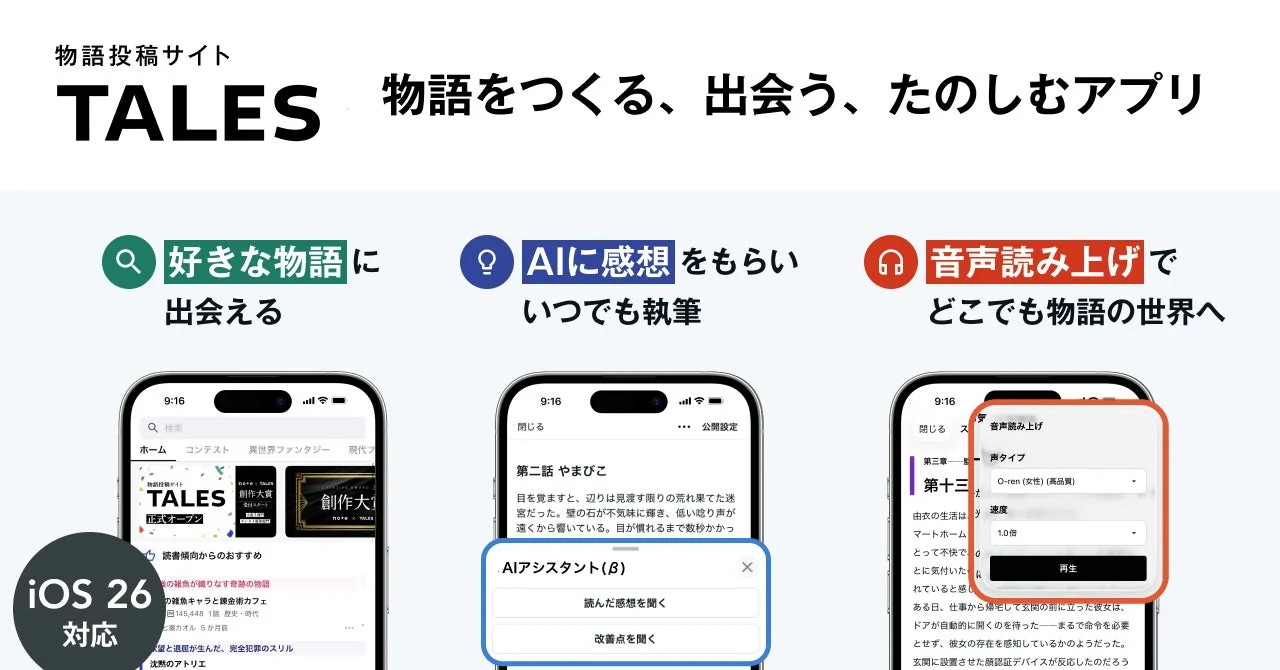 TALESアプリの主要機能（読書、執筆、AIアシスタント、音声読み上げ）