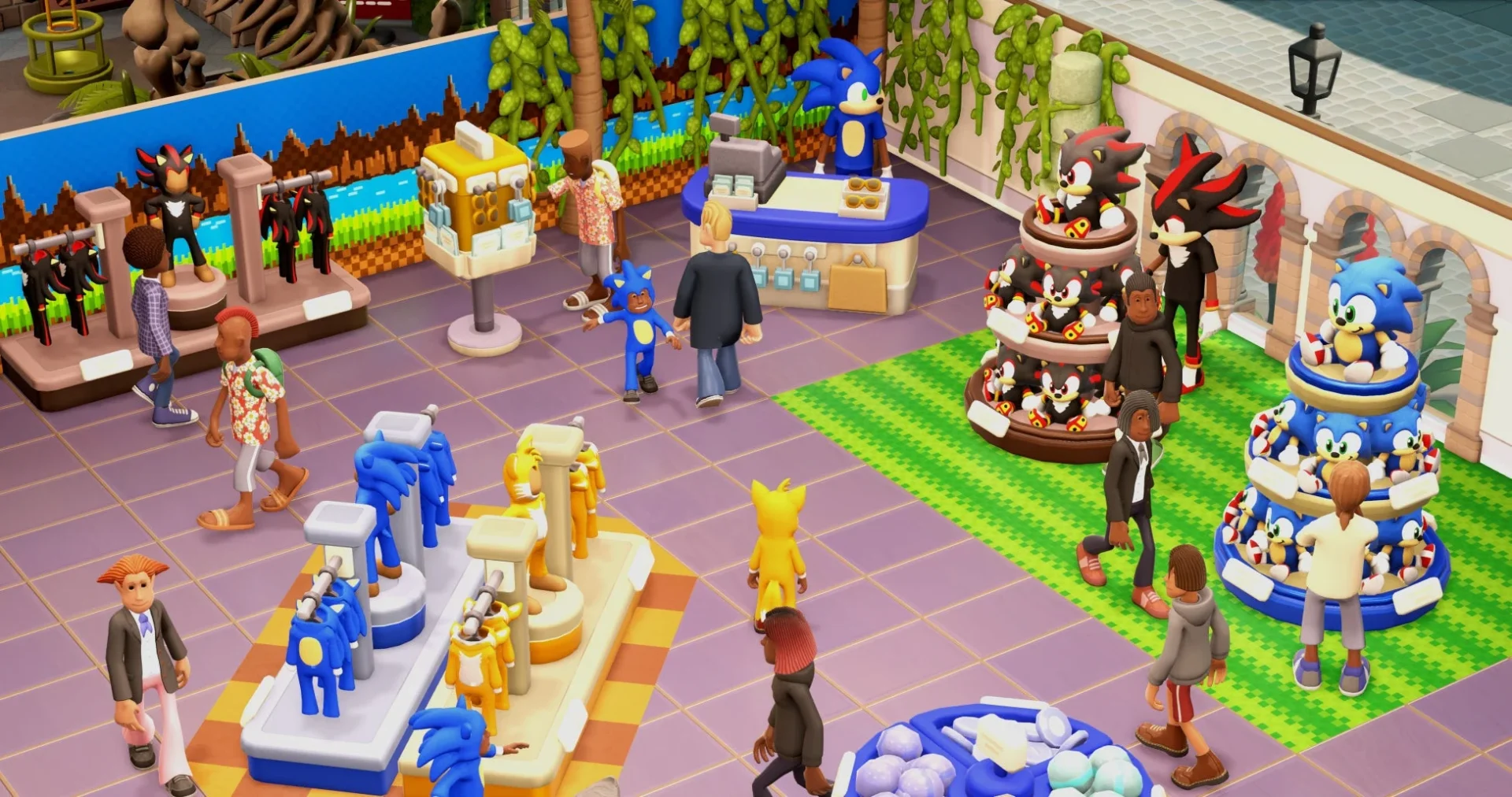 ソニックとシャドウのキャラクターグッズが並ぶ博物館のお土産売り場