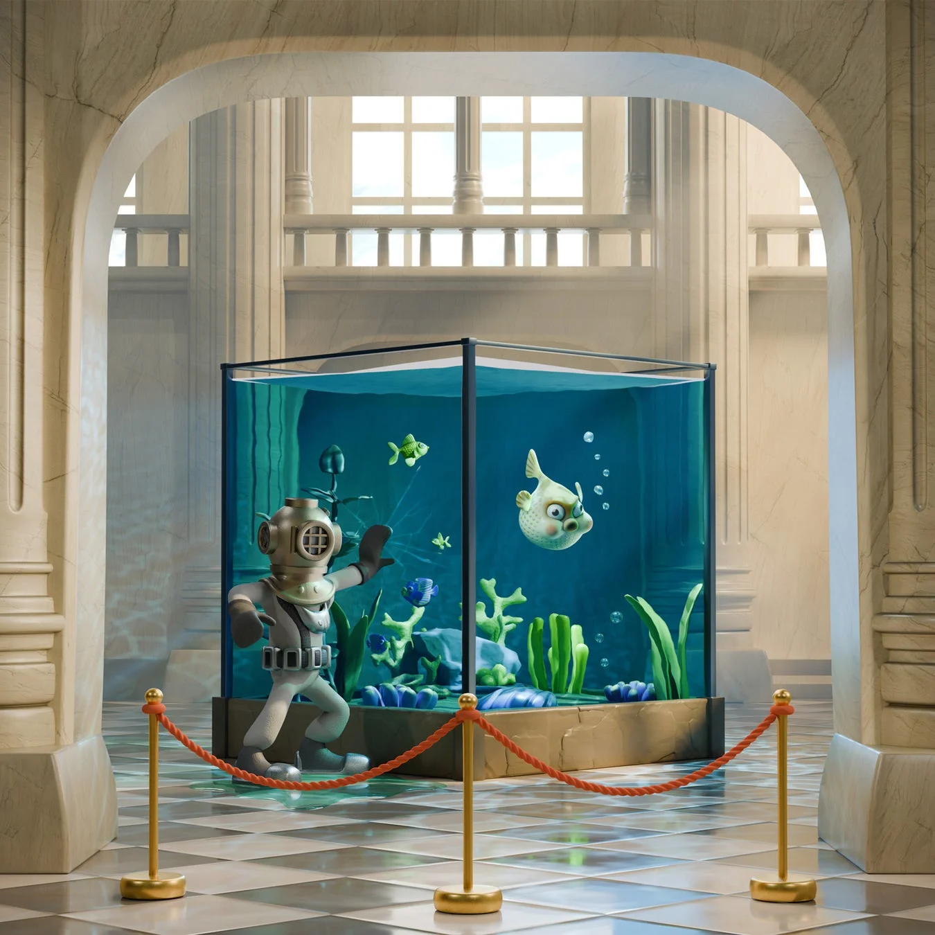 潜水服の人物と魚が展示された水中テーマの空間