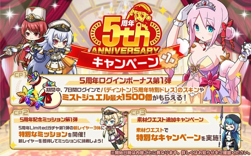 5周年キャンペーン全体のログインボーナス、ミッション、クエスト情報