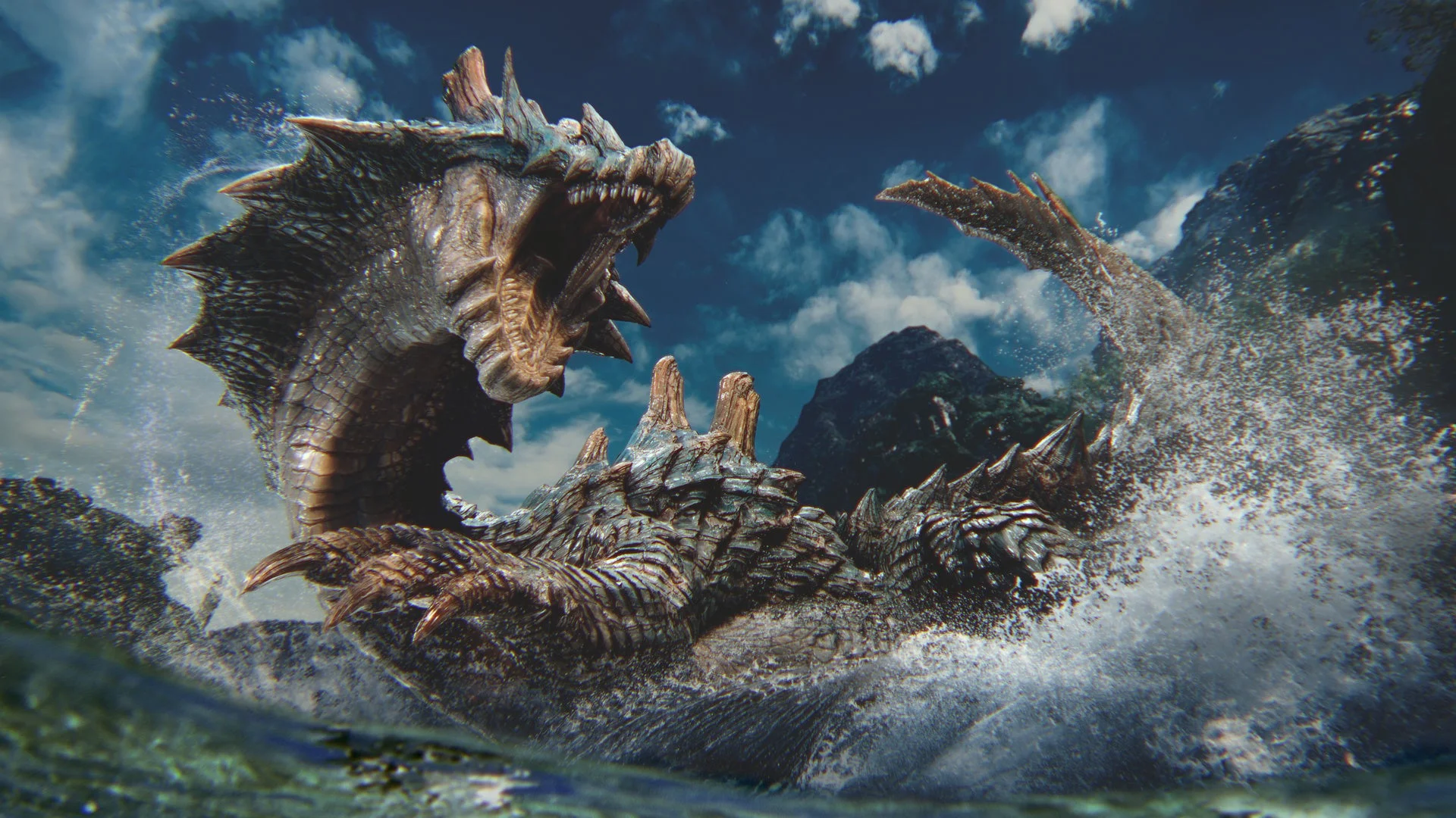 『モンスターハンターワイルズ』に登場する水生モンスターの迫力ある姿。