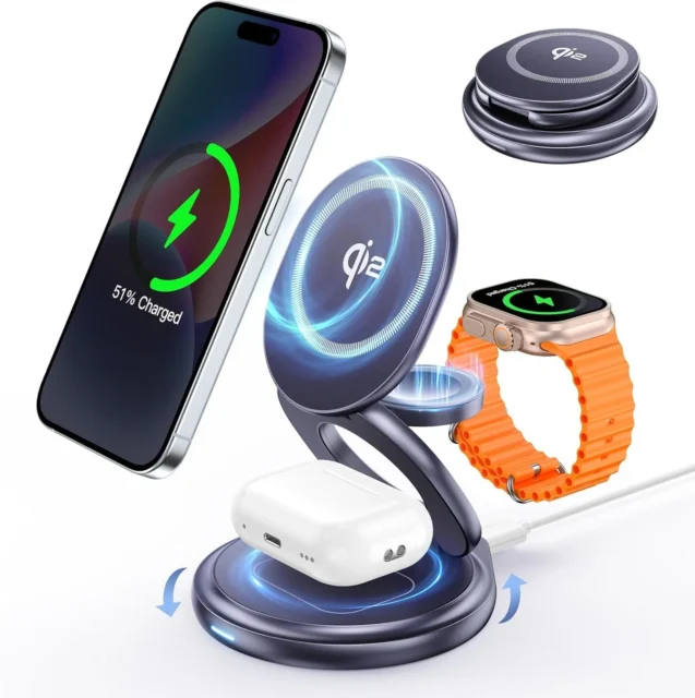 Qi2認証折りたたみ式3in1ワイヤレス充電器A7で複数デバイス充電
