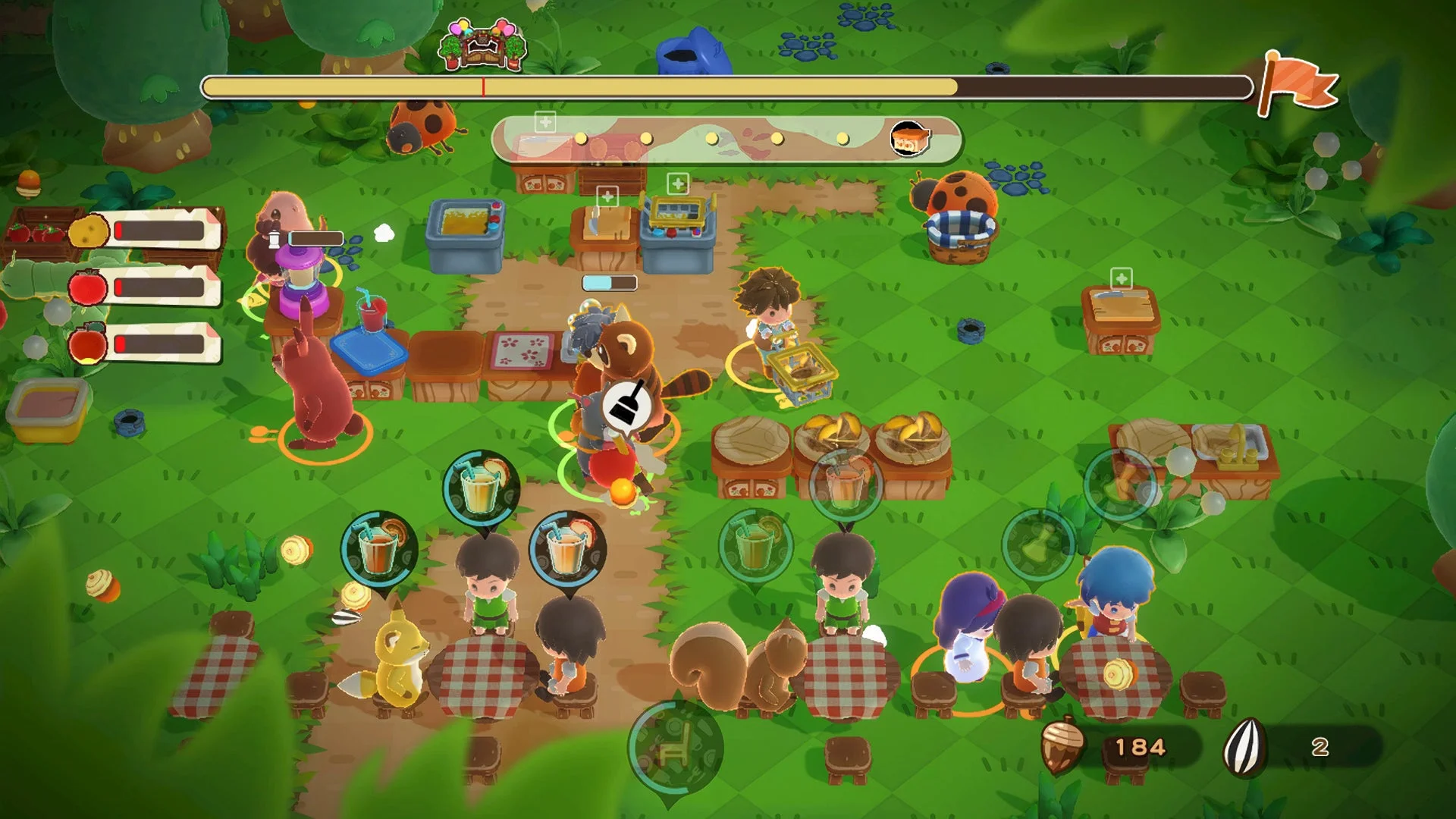 クッキングアクションゲームのプレイ画面、多くのキャラクターが協力