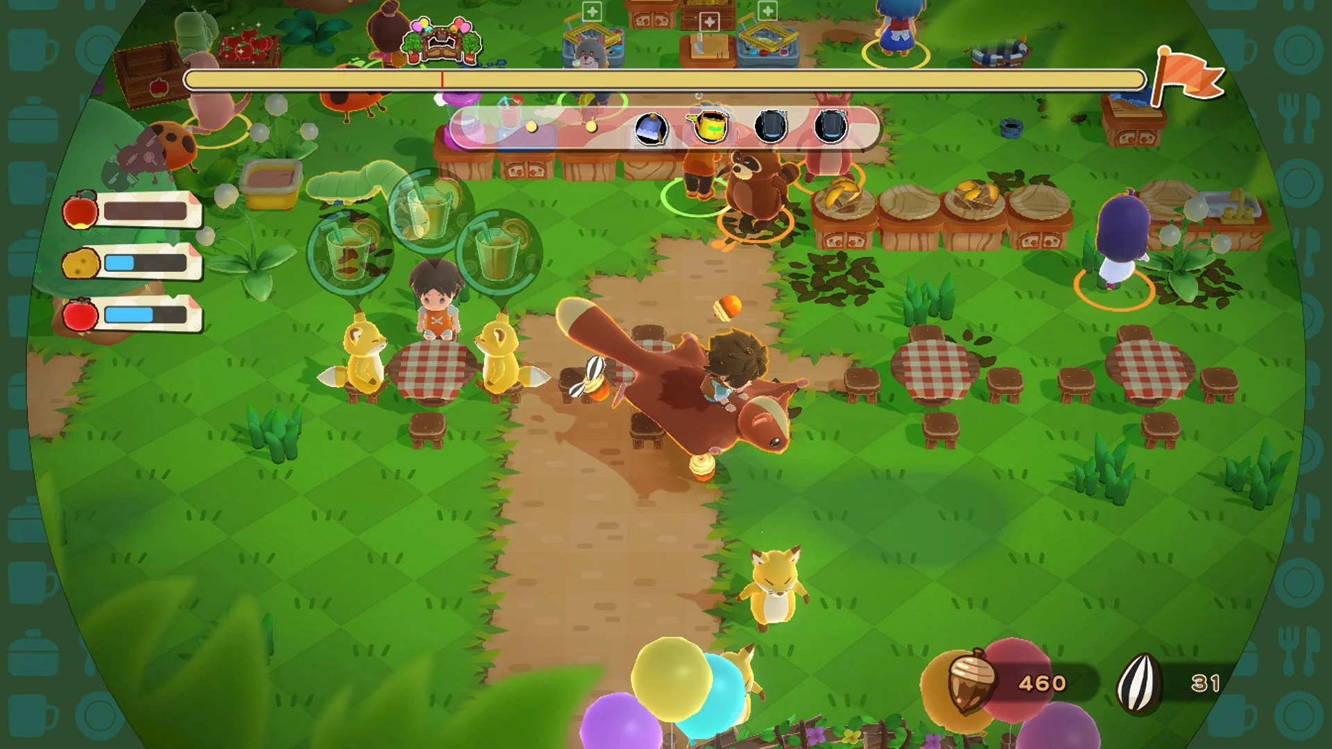 クッキングアクションゲームのプレイ画面、動物に乗って移動