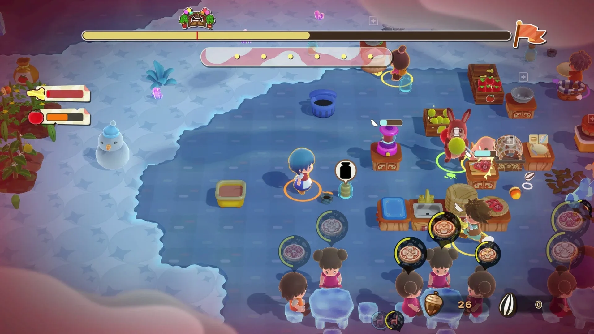 クッキングアクションゲームの冬のプレイ画面、雪だるまが登場