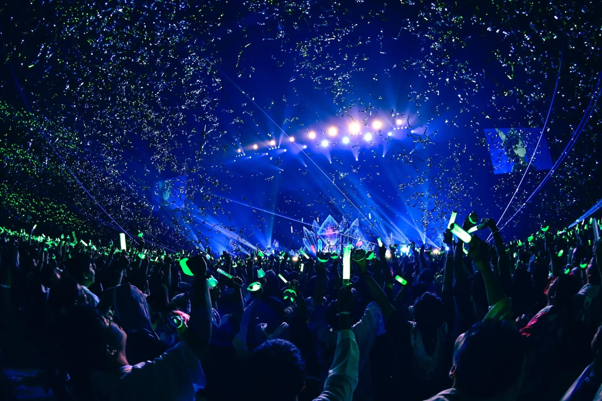 紙吹雪が舞い、ペンライトで盛り上がるライブ会場