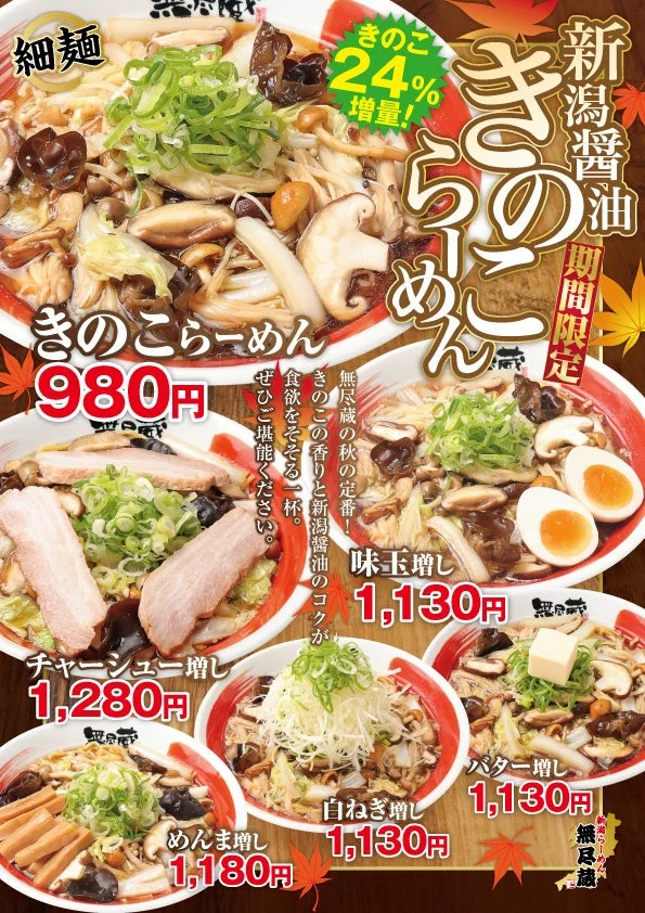 新潟醤油きのこらーめん各種トッピングと価格一覧。