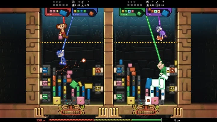 『TopplePOP』の遺跡ステージでブロックを積むキャラクター