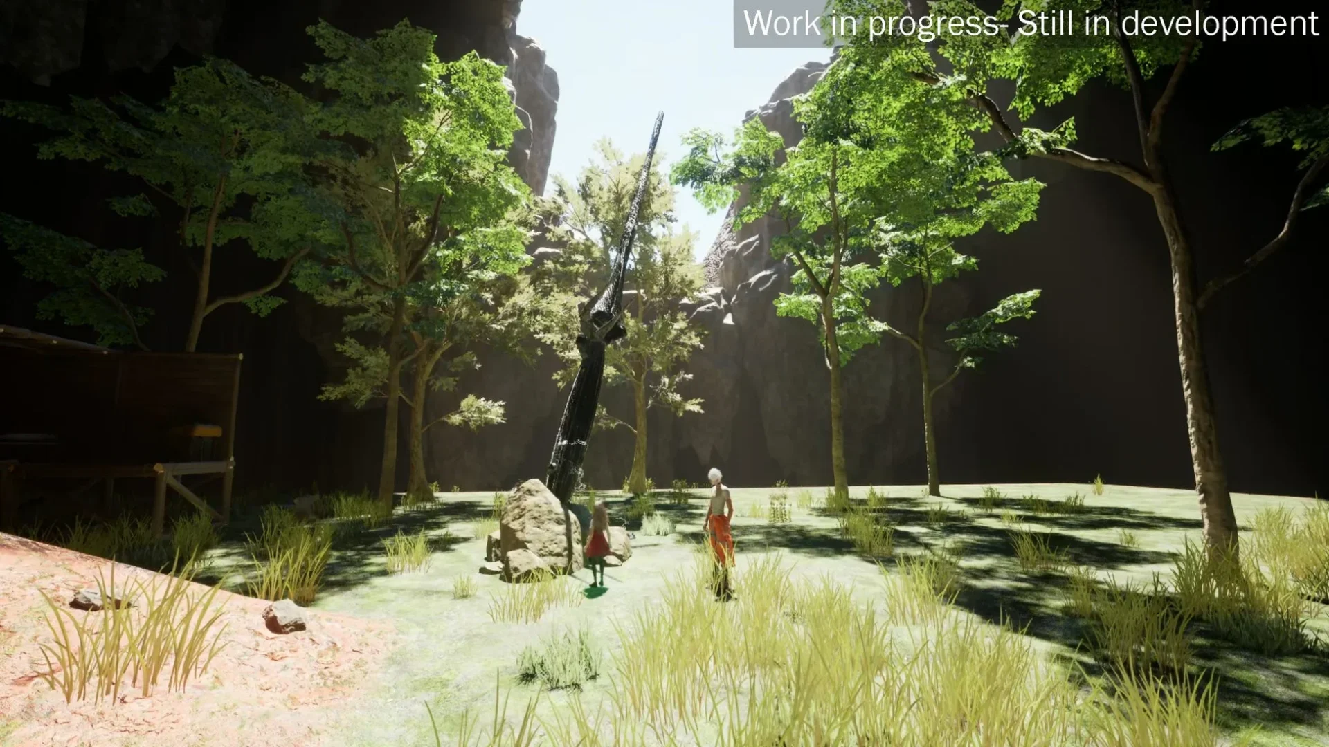 『Exelio』ゲームプレイ画面。二人の主人公が森で対話。