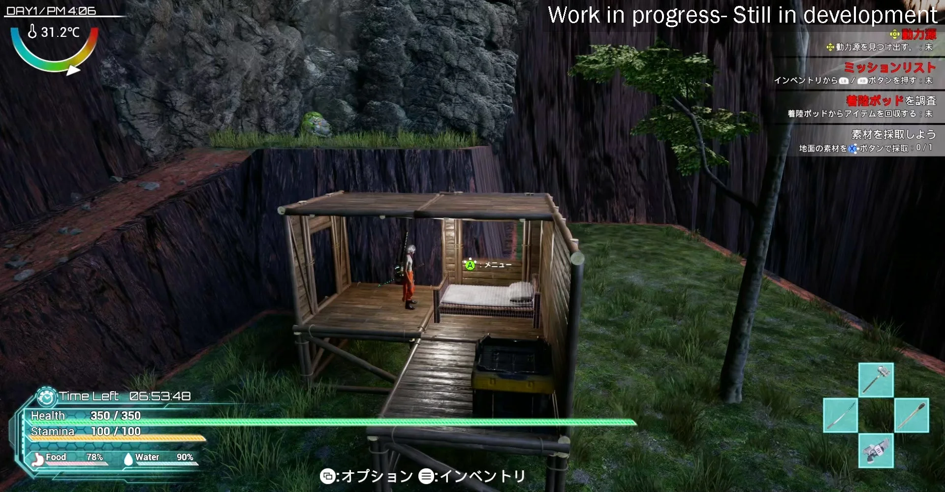 『Exelio』ゲームプレイ画面。クラフトされた拠点と主人公。
