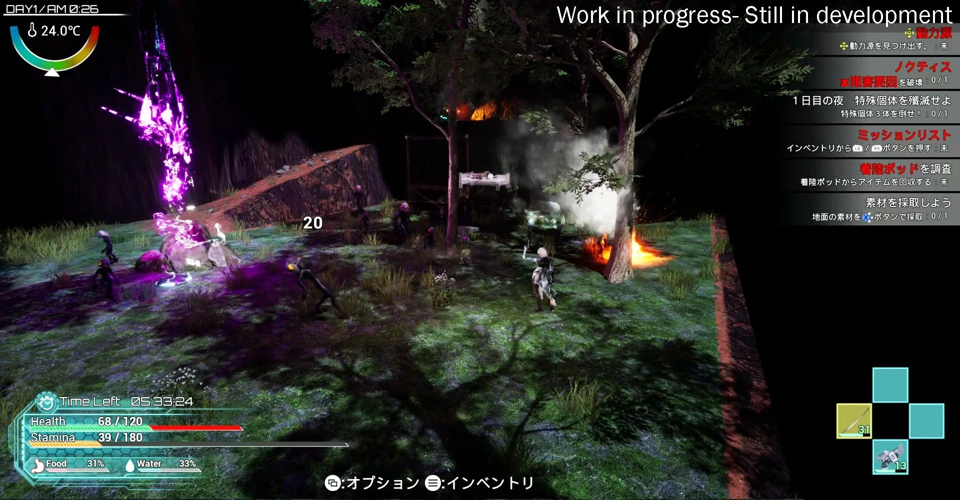 『Exelio』ゲームプレイ画面。夜間の敵襲と戦闘。