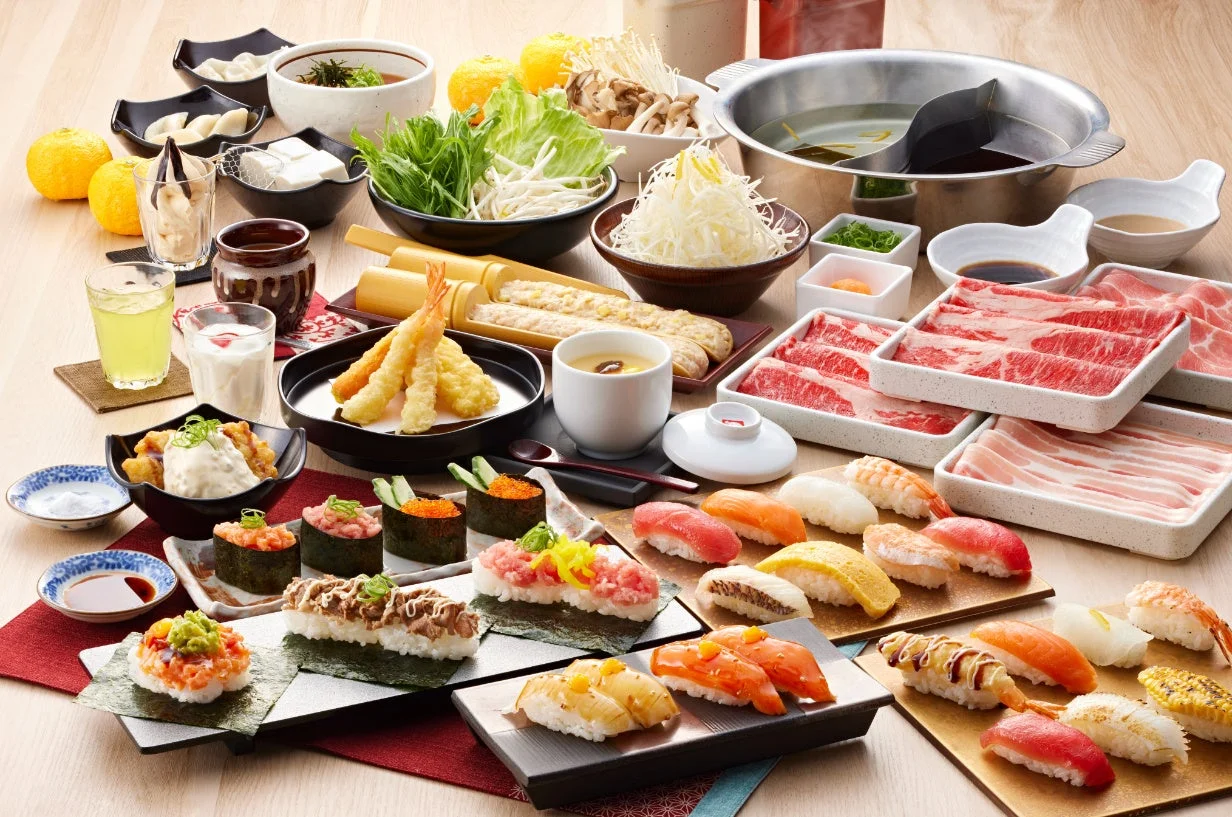 寿司・しゃぶしゃぶゆず庵の豪華な食べ放題メニュー全景