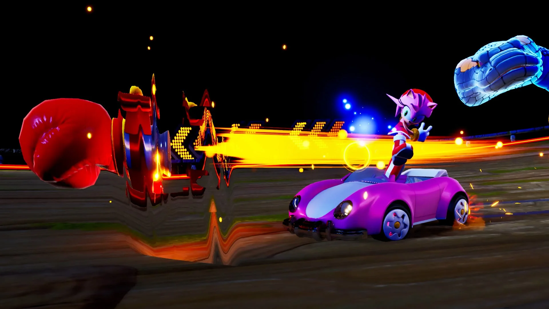 『ソニックレーシング クロスワールド』のゲームプレイ画面、キャラクターがガジェットを使用