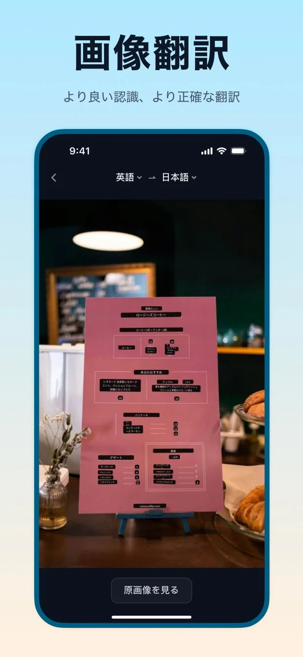 翻訳カモメの画像翻訳機能画面。メニューを英語から日本語に翻訳した例。