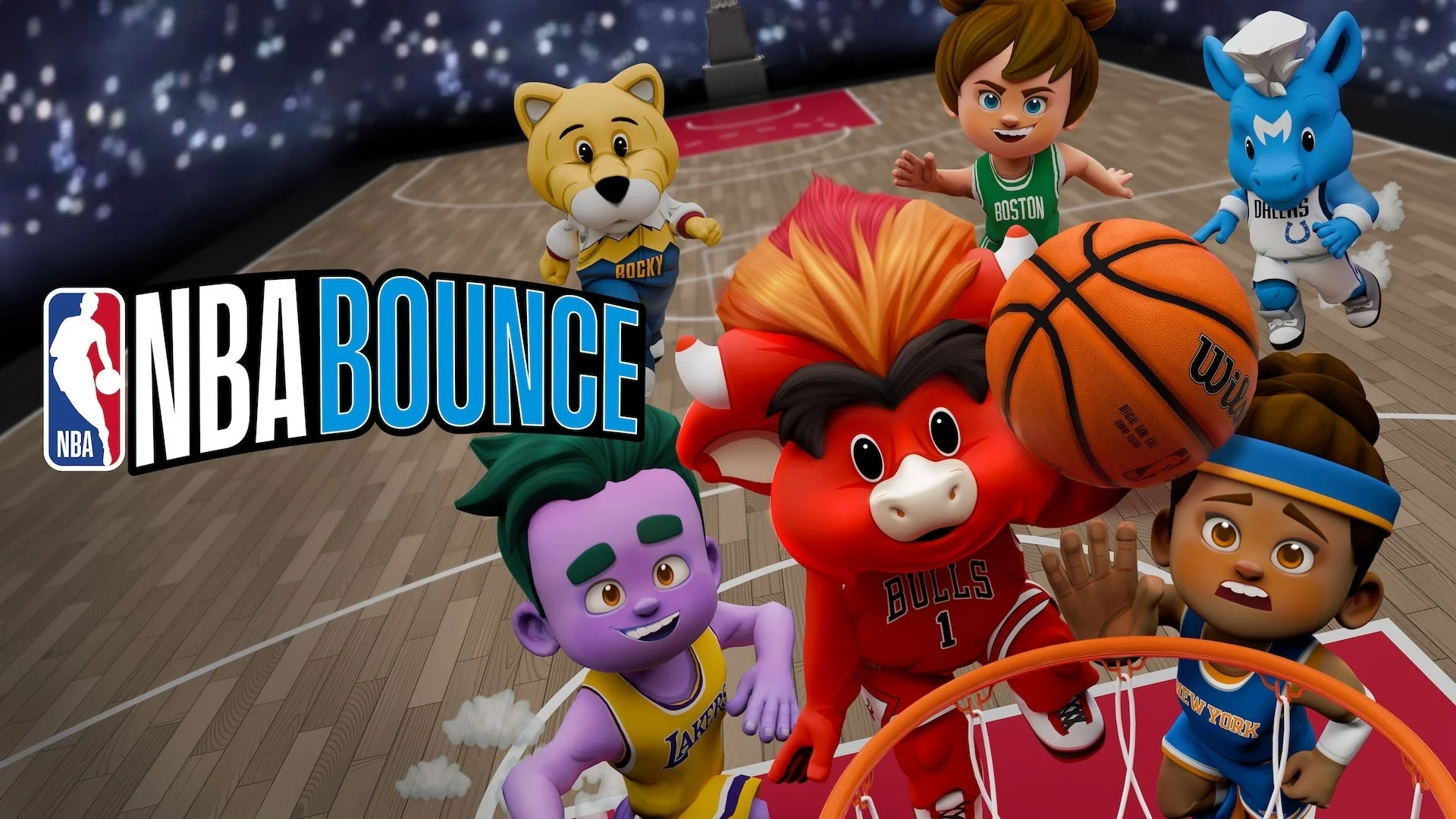 『NBA Bounce』のゲームビジュアル、NBAマスコットがバスケ