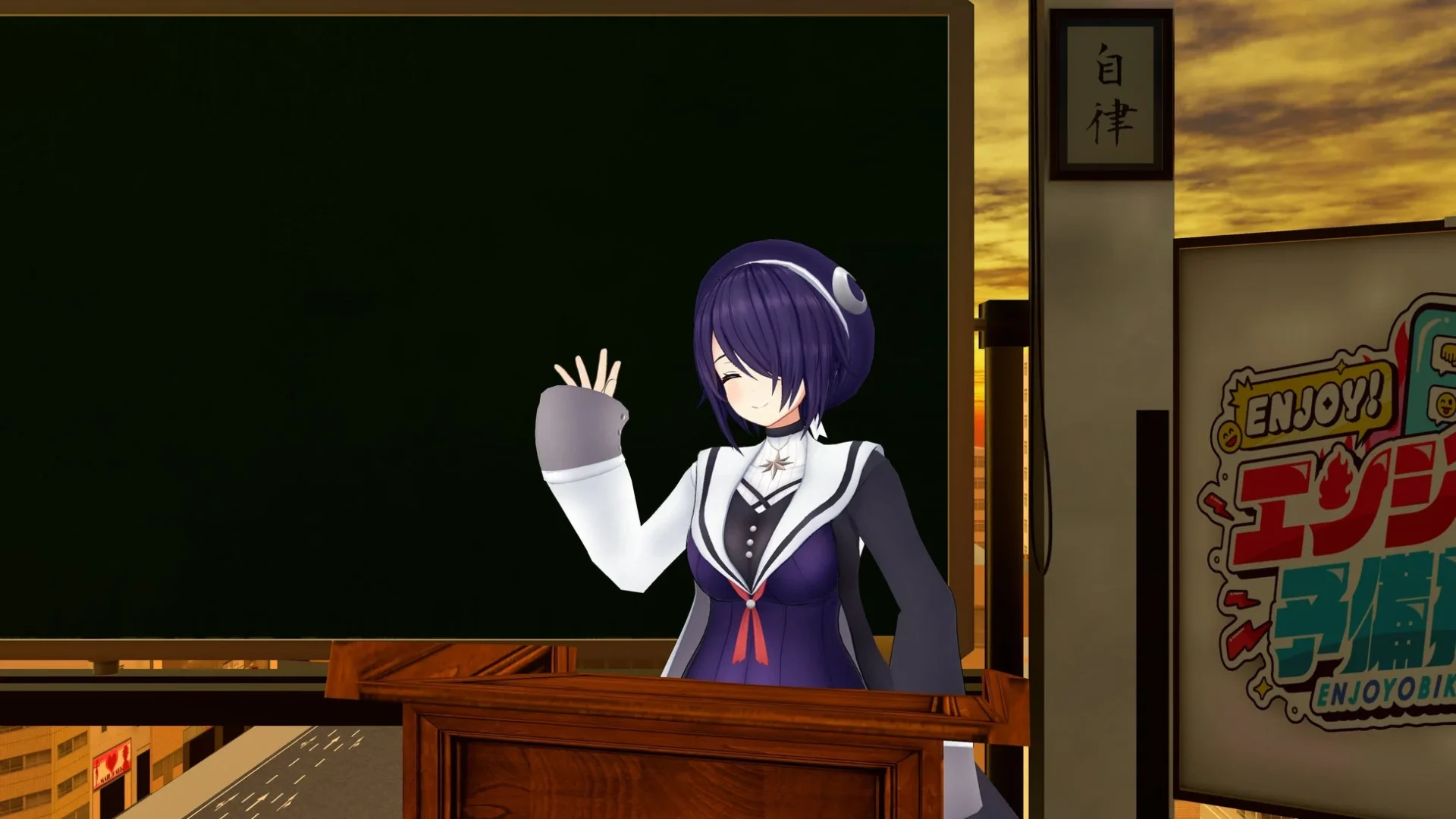 番組「エンジョー予備校」の教壇で話すVTuber