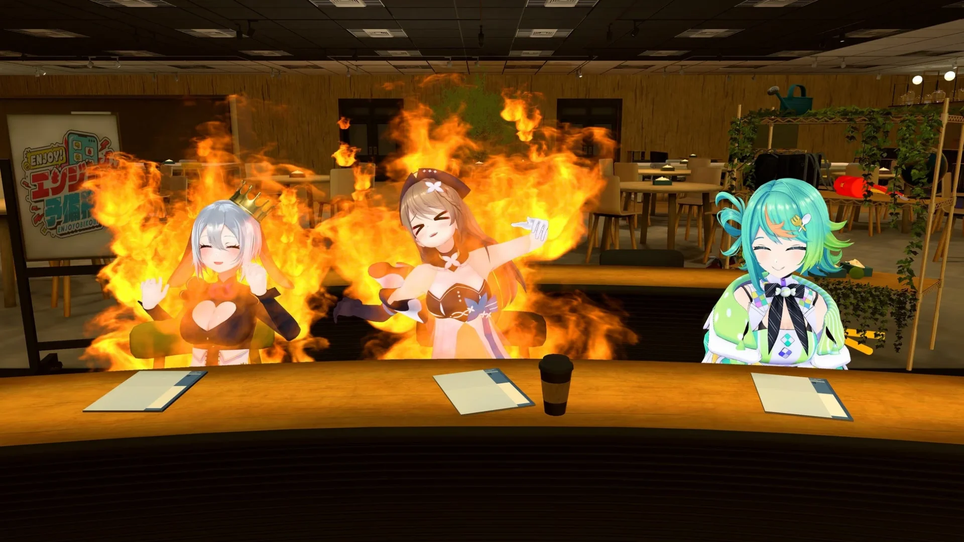 番組「エンジョー予備校」で炎上を表現するVTuberたち