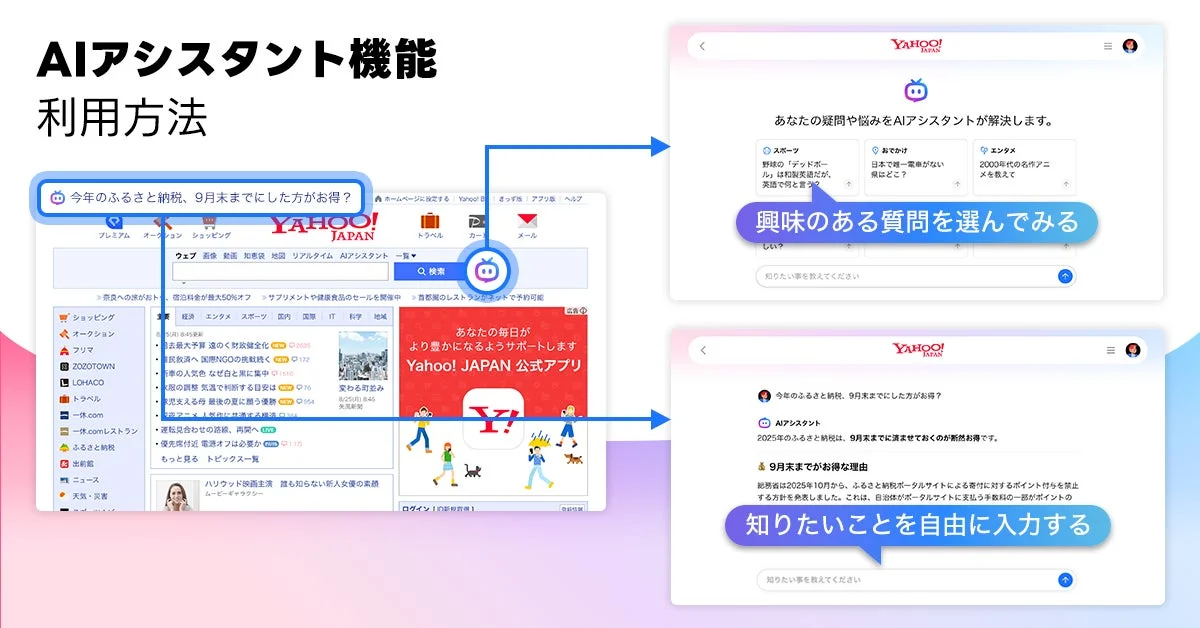 Yahoo! JAPAN AIアシスタント機能の利用方法を示す画面
