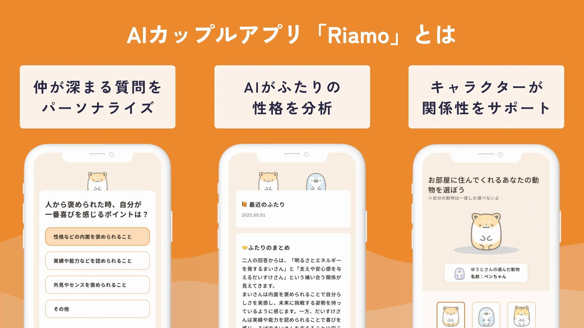 AIカップルアプリ『Riamo』の主要機能を示す画面イメージ